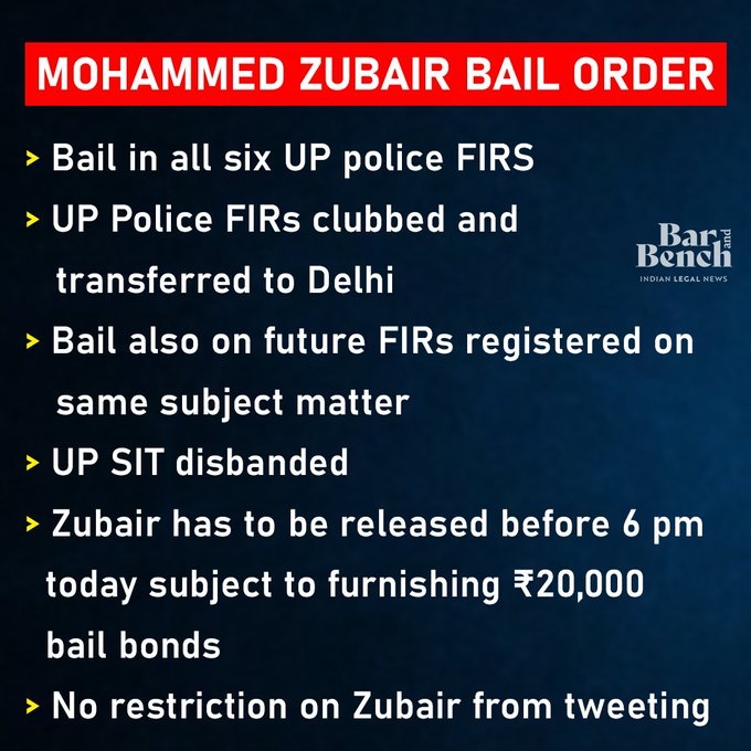 Supreme Court's order in #MohammedZubair case is a tight slap on UP Government's face who viciously tried to keep the journalist in police custody. 
The Apex Court disbanded the SIT &amp; rejected AAG's request to stop Zubair from tweeting.

More power to <a href="/zoo_bear/">Mohammed Zubair</a> 💪

#SupremeCourt