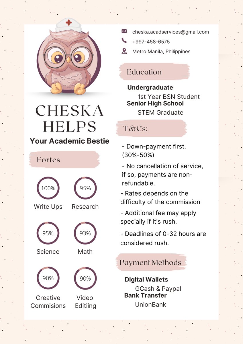 Hi! I am Cheska, an academic server. Here to help you with your homework. Below are some details you might wanna know. Feel free to message me for further inquiries!