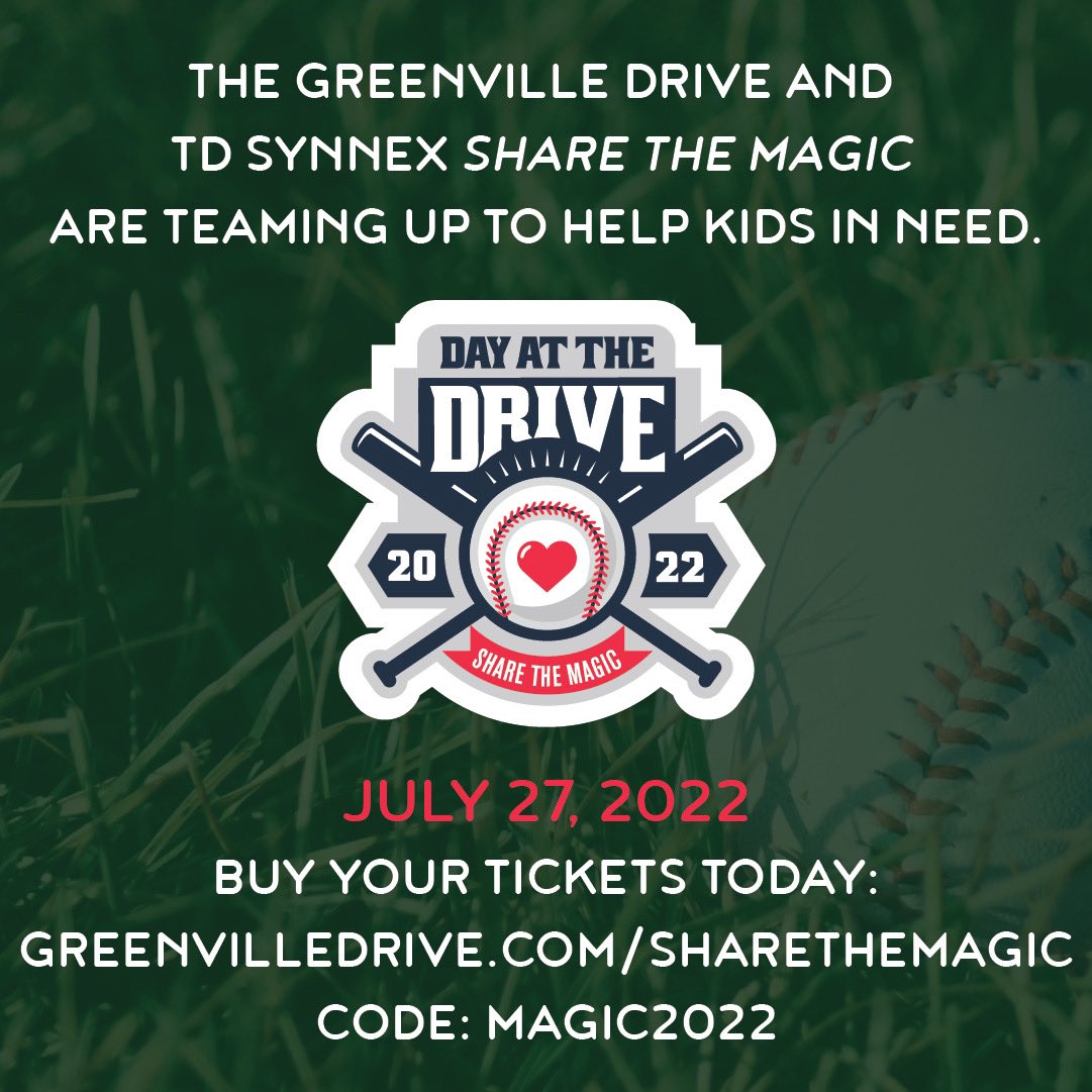 We’re one week away from the annual <a href="/TDSYNNEX/">TD SYNNEX</a> Share the Magic Day at the Drive. Help us go to bat for #UpstateSC children and families in need on July 27th! 

Purchase your tickets today at greenvilledrive.com/sharethemagic – code Magic2022 

#TDSSTM #yeahthatgreenville #whatsgoingongvl