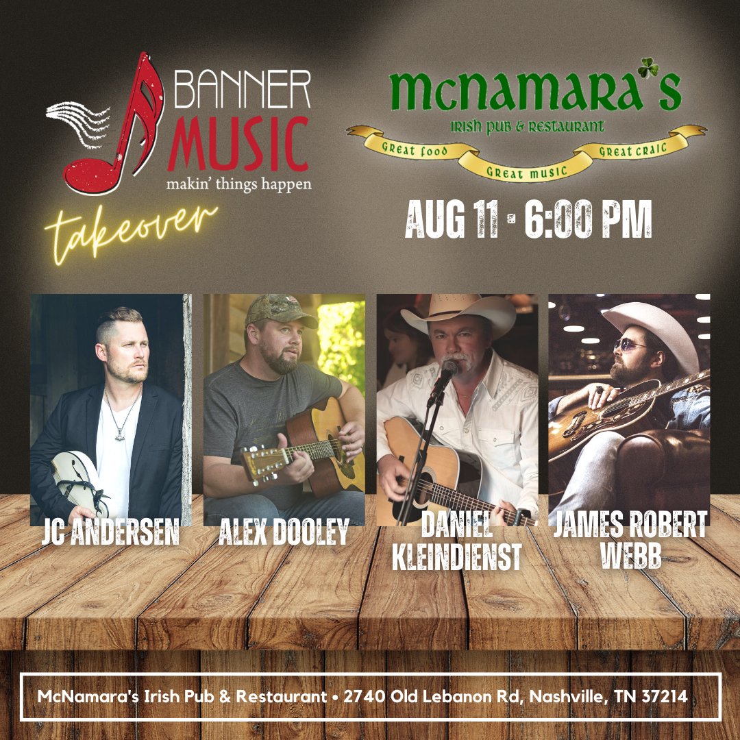 Catch JC Andersen, Alex Dooley, Daniel Kleindienst &amp; <a href="/JamesRobertWebb/">🎙JamesRobertWebb</a> at McNamara's Thursday, August 11th at 6 p.m. CST!