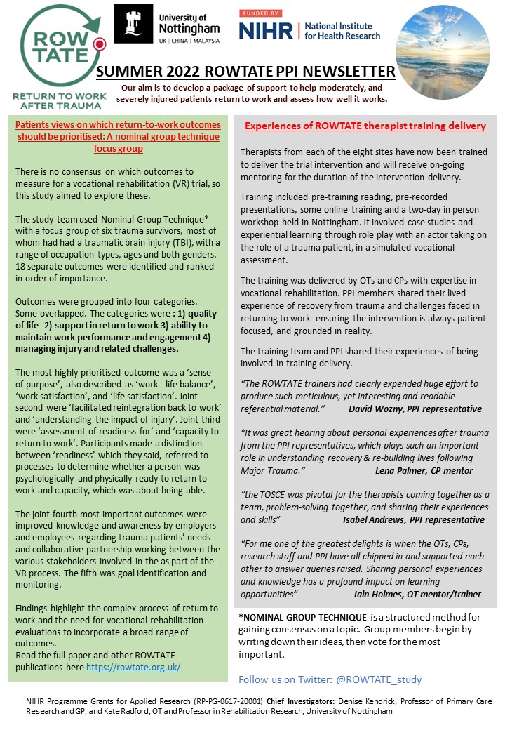 Our ROWTATE #PPI group have once again been working hard to produce our latest study newsletter, check it out below 👇🏽👇🏽👇🏽#traumarehab #vocationalrehab