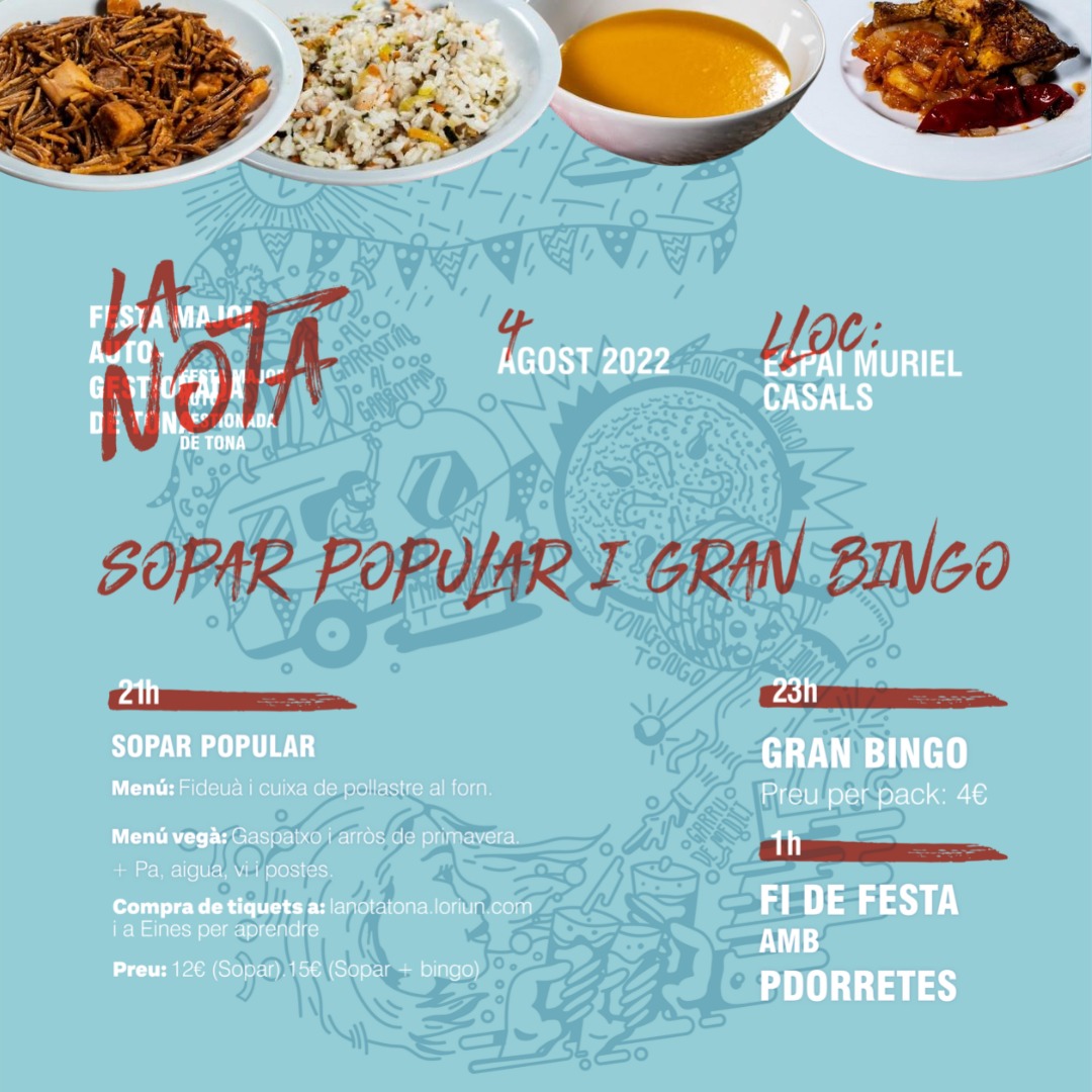Recordeu que ja està en marxa la venda de tiquets del Sopar Popular de #LaNota22! 🙌🏼

No us adormiu... 😴 Podeu comprar tiquet fins dimarts 2 d'agost! 🗓️

👉🏼 Compra tiquets a lanotatona.loriun.com o a Eines per Aprendre (C/Barcelona, 5).