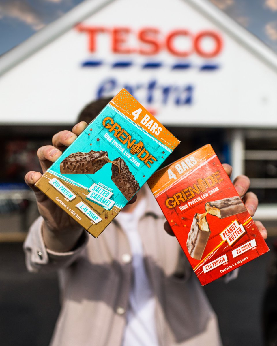 grenadeofficial's tweet photo. Running low on #GrenadeBars? π You can now grab four pack's in the below flavours at @Tesco stores nationwide π€€
π«π§ Choc Chip Salted Caramel
πͺπ Choc Chip Cookie Dough
π§π₯ White Choc Salted Peanut
π«πͺ White Choc Cookie
π₯ Peanut Nutter https://t.co/4XzJIkhWkf