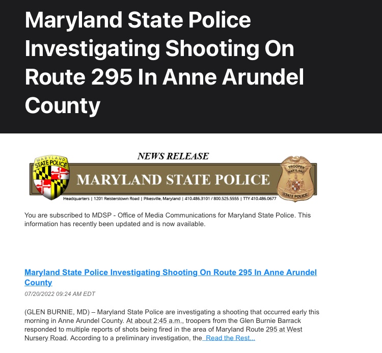 To all, Why aren’t there frequent patrols on 295??? Given the increased shootings in the past year? 295 is unsafe to travel <a href="/MDSP/">MD State Police</a> <a href="/TheMDTA/">MDTA</a> <a href="/CapitolPolice/">The U.S. Capitol Police</a> <a href="/BaltimorePolice/">Baltimore Police</a> <a href="/AACOPD/">Anne Arundel County Police Department</a> <a href="/LarryHogan/">Larry Hogan</a> <a href="/GovLarryHogan/">Governor Larry Hogan</a> <a href="/DCPoliceDept/">DC Police Department</a>