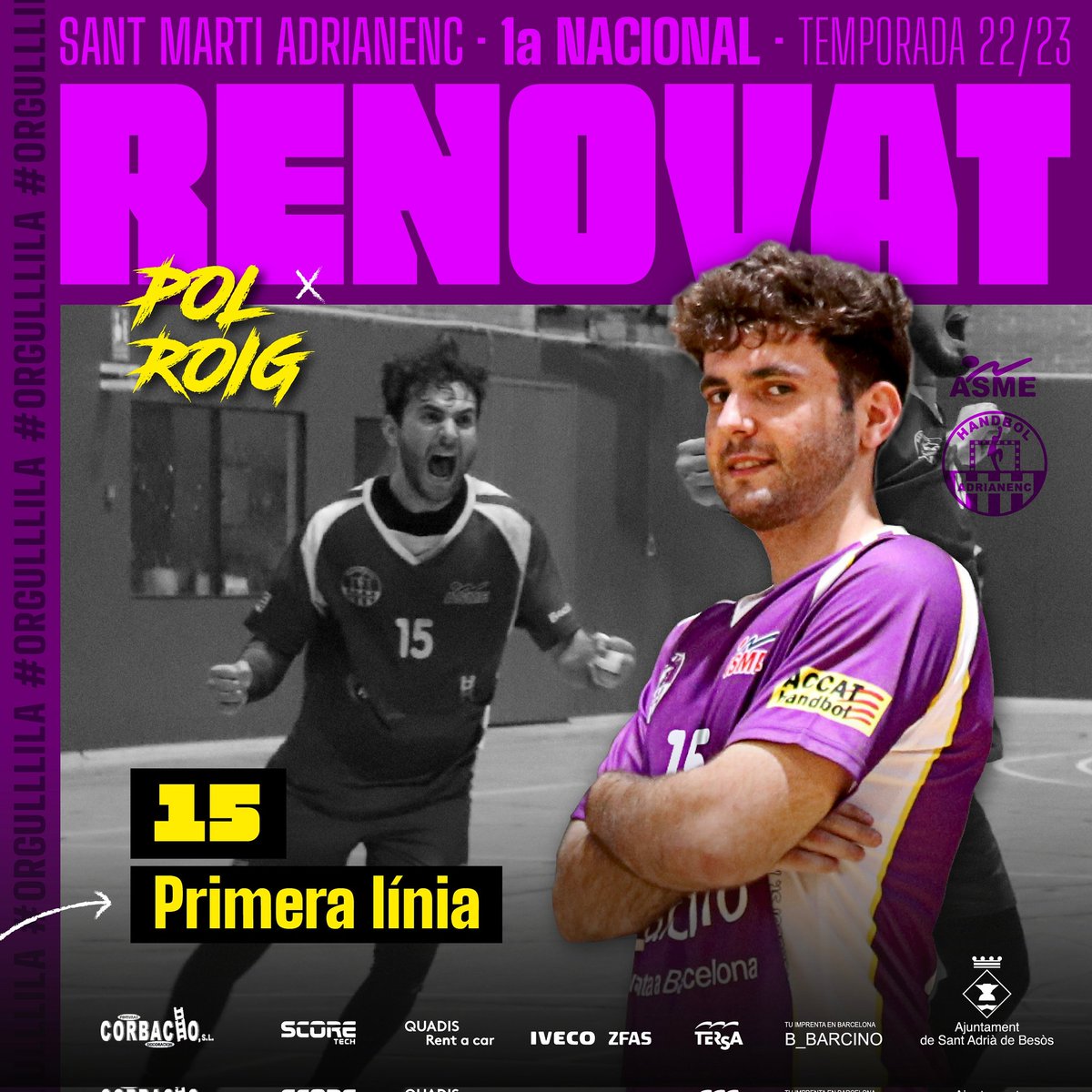 SAdrianenc's tweet photo. RENOVACIÓ | Pol Roig 🔥
.
📆 Temporada 22/23
🔝 1a Nacional
🖐️ Primera línia 
👕 Dorsal 15
.
👩🏻‍💻 Disseny #mimigraphicdesigner
.
#OrgullLila
#SOMNIEMENLILA
#ASMEFAVA
#1aNacional💜
#sadrianenc https://t.co/ijmbh0MWwY