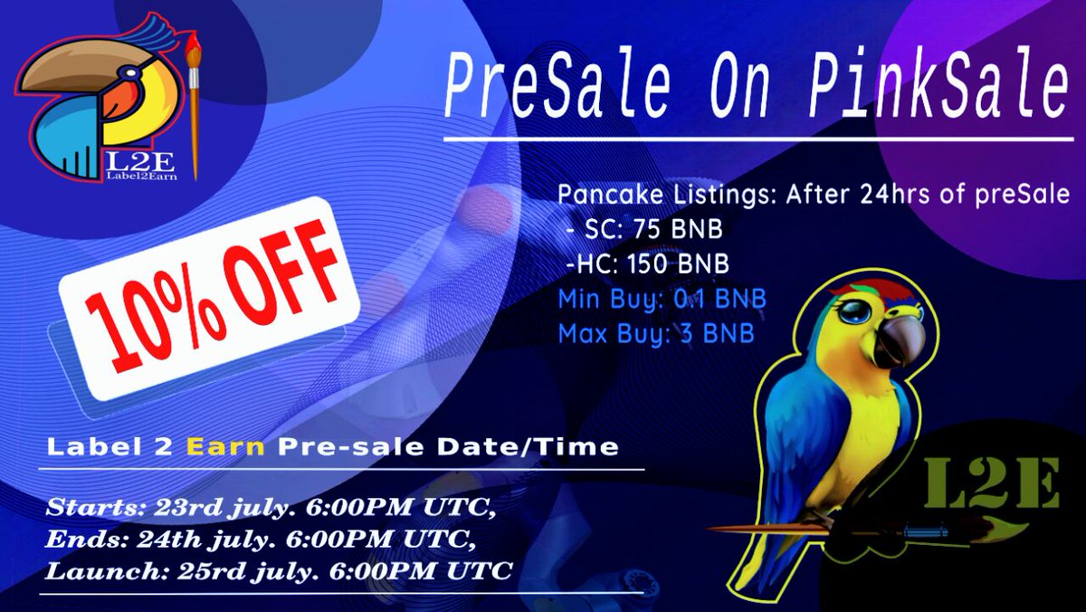 Label2Earn's tweet photo. #L2E #AMA  IS STARTING IN TG COMMUNITY
https://t.co/6J7ESvVMAH
OUR #PINKSALE #PRESALE WILL START IN 2 DAYS https://t.co/laQmgaaA6v
