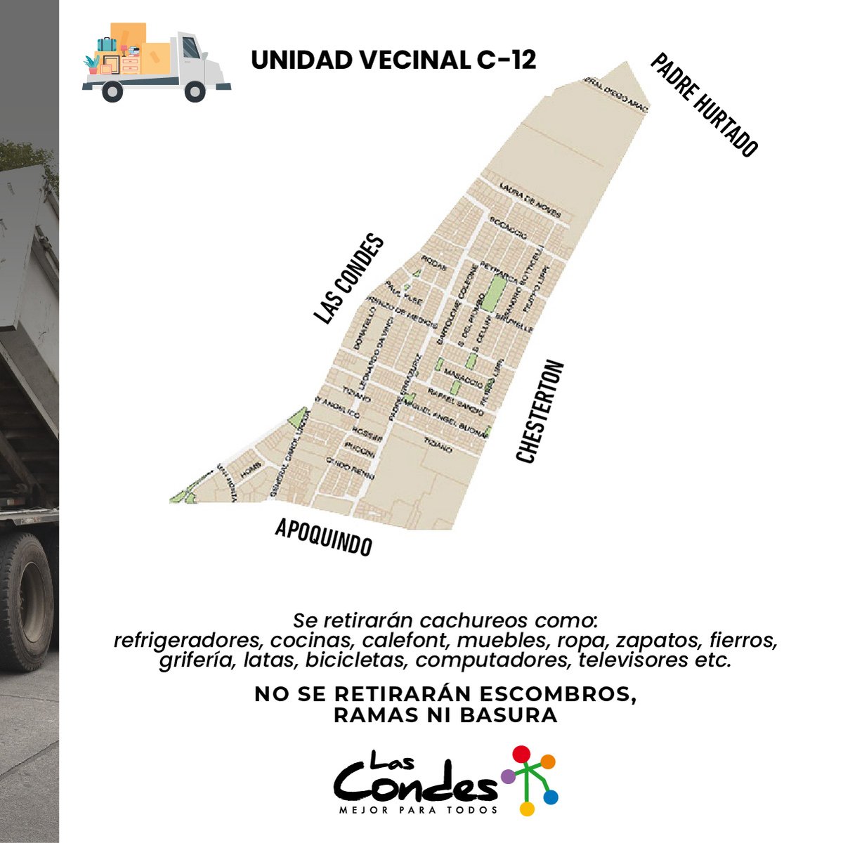 👀 ¡Atención vecinos de la UV C-12! Este sábado 23/7, entre 8 y 16 horas, recogeremos lo que ya no ocupen en su hogar. 🚛🚍 

¡RECUERDEN DEJAR LAS COSAS FUERA DEL DOMICILIO ANTES DEL MEDIODÍA! ⏰

Más info 👉 bit.ly/325Ecbw 

#LasCondesTeCuida #LasCondesVerde

<a href="/LC_aseo/">Dirección de Aseo</a>
