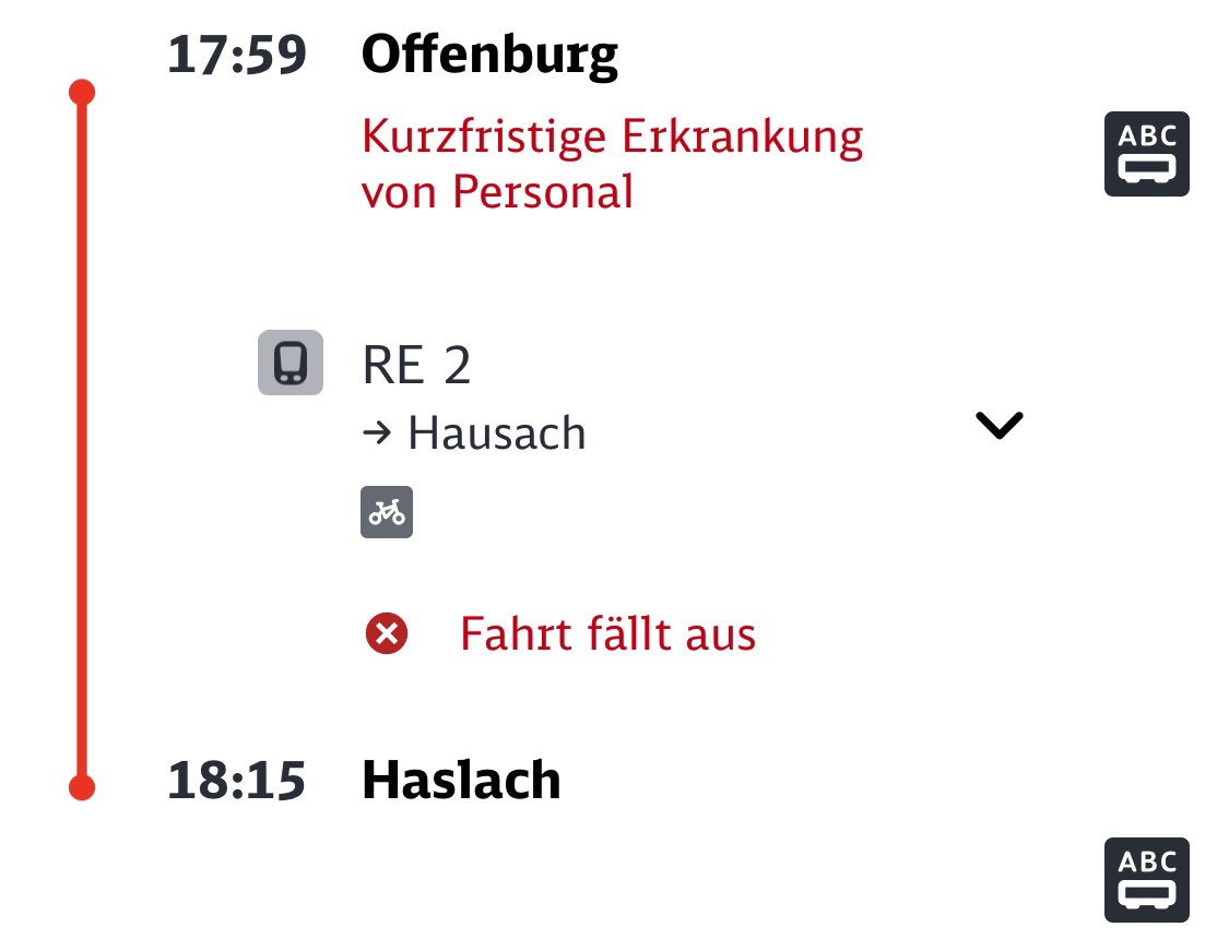 War wohl sehr kurzfristig. Im Zug haben wir es um 17:55 erfahren ohne Alternativen zu nennen. So wird das nix mit einer #Verkehrswende <a href="/DBRegio_BW/">DB Regio Baden-Württemberg</a> <a href="/Wissing/">Volker Wissing</a>