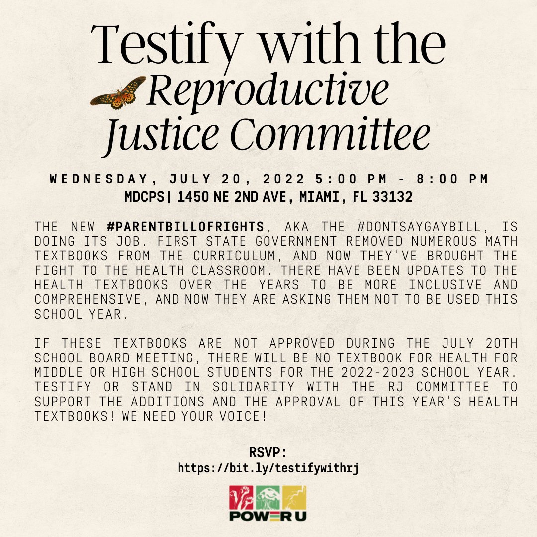 AdvocatesTweets's tweet image. 🚨 TODAY: If you are in Miami support our partner organization, @PowerU305 who are speaking out about the imortance of comprehensive sex education.  

TESTIFY: 1450 NE 2nd Ave, Miami, FL 33132  from 5PM-8PM 

#SaveSexEd #SexEd #MDCPS