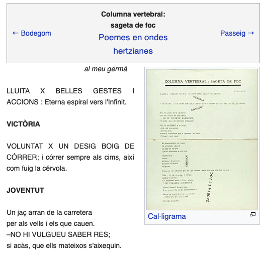 «Sageta de foc» és un cal·ligrama de Salvat-Papasseit, inclòs a 'Poemes en ondes hertzianes'.

👉 ca.wikisource.org/wiki/Poemes_en…