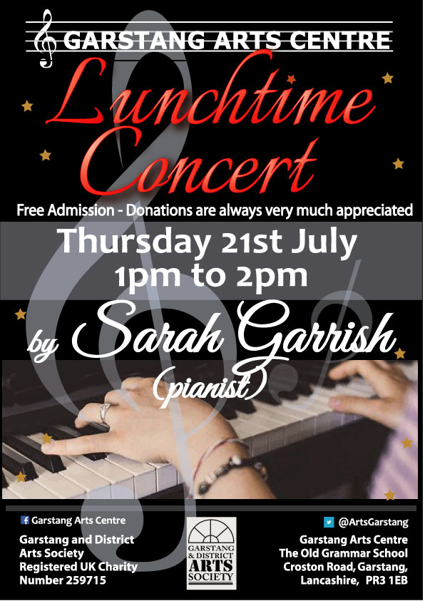 ArtsGarstang's tweet photo. FREE Summer Lunchtime Concert at The Arts Centre, Thursday 21st July 1pm-2pm #garstangartscentre #concert #lancashireart #sarahgarrish https://t.co/yVG5LJ7auW https://t.co/w3HB3qTSnj