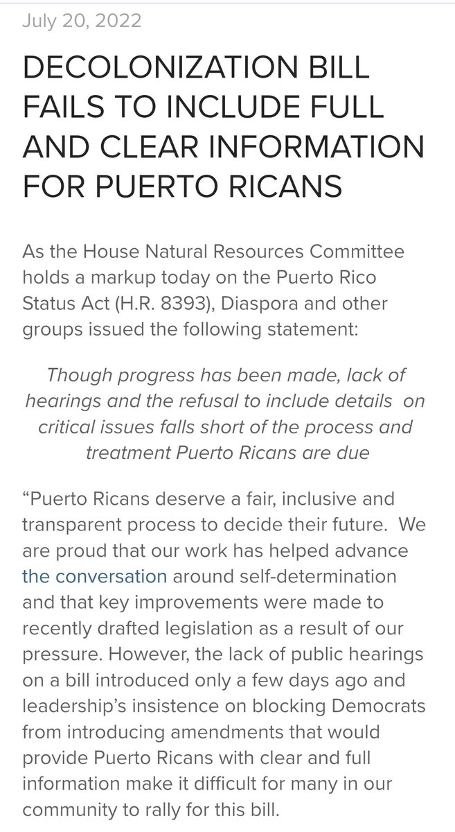 Pwr4PuertoRico's tweet photo. The lack of public hearings and .@LeaderHoyer's insistence on blocking Democrats from introducing amendments that would provide Puerto Ricans with full information make it difficult for many in our community to rally for #PuertoRico Status Act STATEMENT🔗 https://t.co/Yg9pl8oA0k https://t.co/ZvEgpYMgNb