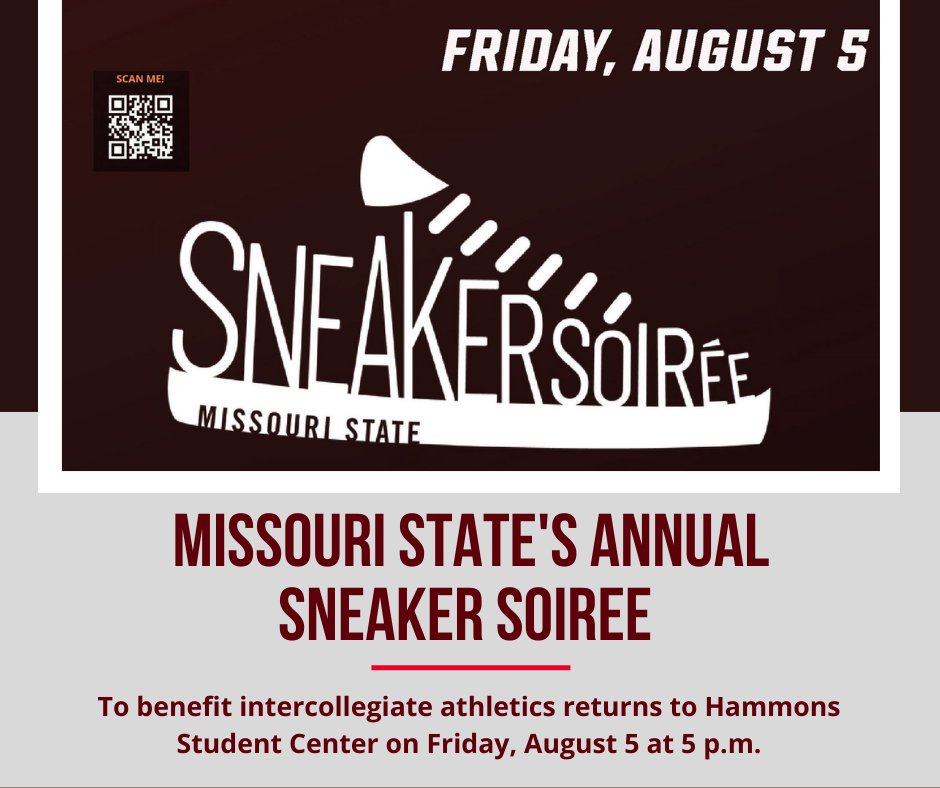 MoStBearsFund's tweet photo. Join us for the @MOStateBears annual Sneaker Soiree to benefit intercollegiate athletics at Hammons Student Center on Friday, August 5 at 5 p.m. This year's in-person event features a wide variety of amazing games, experiences and items to bid.
https://t.co/rDPUzoReDp https://t.co/EkLkxVnX2J