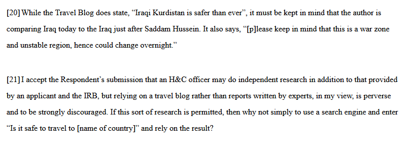 smeurrens's tweet photo. Federal Court quashes a humanitarian &amp; compassionate refusal for an Iraqi Kurd where an officer relied on an "off the beaten path" travel blog rather than expert reports to determine that Iraqi Kurdian is "relatively safe." https://t.co/J0vhEdYXHU https://t.co/zt0LoeT23s