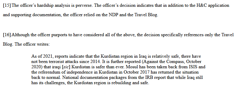 smeurrens's tweet photo. Federal Court quashes a humanitarian &amp; compassionate refusal for an Iraqi Kurd where an officer relied on an "off the beaten path" travel blog rather than expert reports to determine that Iraqi Kurdian is "relatively safe." https://t.co/J0vhEdYXHU https://t.co/zt0LoeT23s