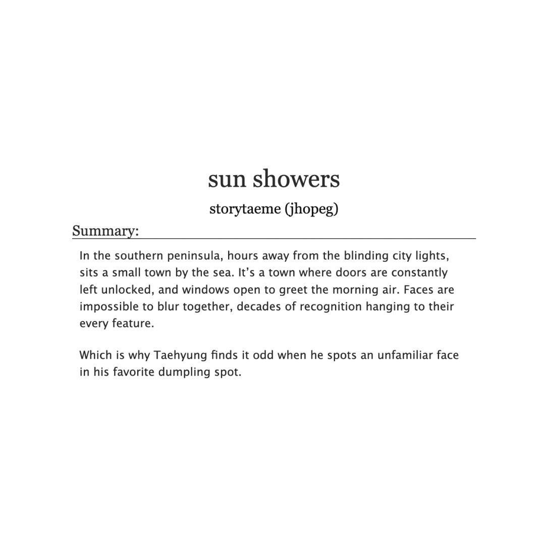 sun showers

⇢ #vmin / teen &amp; up / 4.2k
⇢ high school in a small town
⇢ strangers to enemies to lovers
⇢ written for <a href="/vminfests/">vmin fest: soundtracks 🎵 | closed</a> 
 
ao3.org/works/39588189