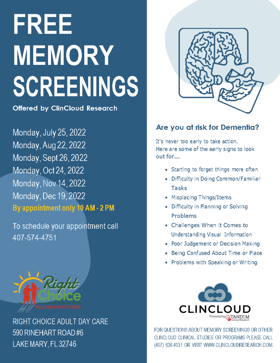 ClinCloud's tweet image. FREE MEMORY SCREENINGS!!

🧠🧠🧠🧠🧠🧠🧠🧠🧠

#ClinCloud #ClinicalResearch #Memory