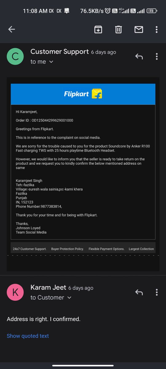 KARAMJE50881392's tweet photo. #flipkartdoingFRAUD
#BANflipkart

Order  ID -OD125044299629001000
 I ordered soundcore r100 tws, but Soundcore r100... 1800 rs ke product ki jga 365 rs ka i12 product deliver huya mujhe. Its been above a month. Na replace kr rahe hai nahi refund... https://t.co/BYw1Jh5fyN