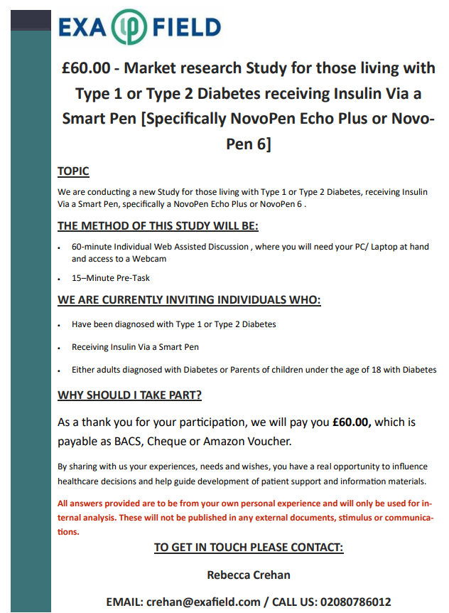 [£60.00 Remuneration] Hi all, we are looking to speak to one person with Type 1 or Type 2 Diabetes with a NovoPen Echo Plus or Novo-Pen 6 [Smart Pen] to take part in a 60-min call. #Type1diabetes #Type2diabetes #SmartPen #Insulin #Diabetes #marketresearch