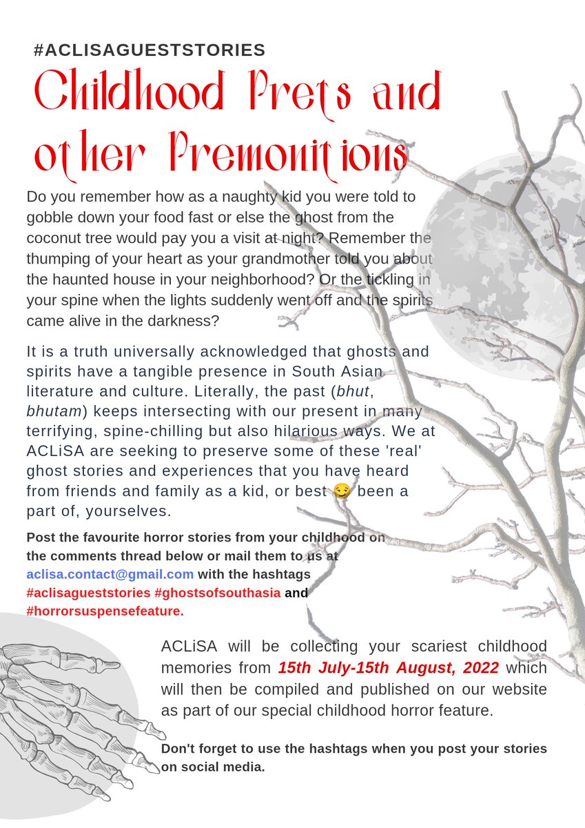 shcyhome's tweet photo. The Association for Children's Literature in South Asia (ACLiSA) is currently soliciting entries for its upcoming blog series titled "Childhood Prets and other Premonitions" on the ghosts that populate South Asian childhoods, folklore, cultural memory and literature. https://t.co/aVLyGFM69I