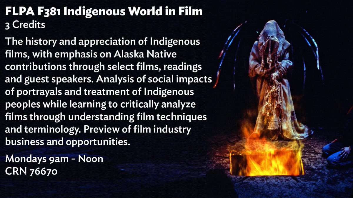 TheatreUAF's tweet photo. The UAF Department of Theatre &amp; Film is excited to announce this addition to our schedule of Fall course offerings!  Cross-listed with ANS (Alaska Native Studies) and taught by Kavelina Torres - 381 "Indigenous World in Film" offered Mondays via Zoom.
#CLAis #theatreUAF https://t.co/BuJ2EK4OiV