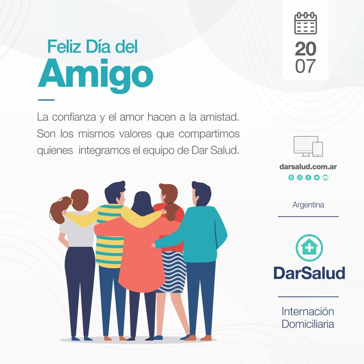 La confianza y el amor hacen a la amistad. Son los mismos valores que compartimos quienes  integramos el equipo de Dar Salud - Internación Domiciliaria.

En este Día del Amigo nuestros mejores deseos para quienes forman parte de la empresa, y para los pacientes y sus familiares.
