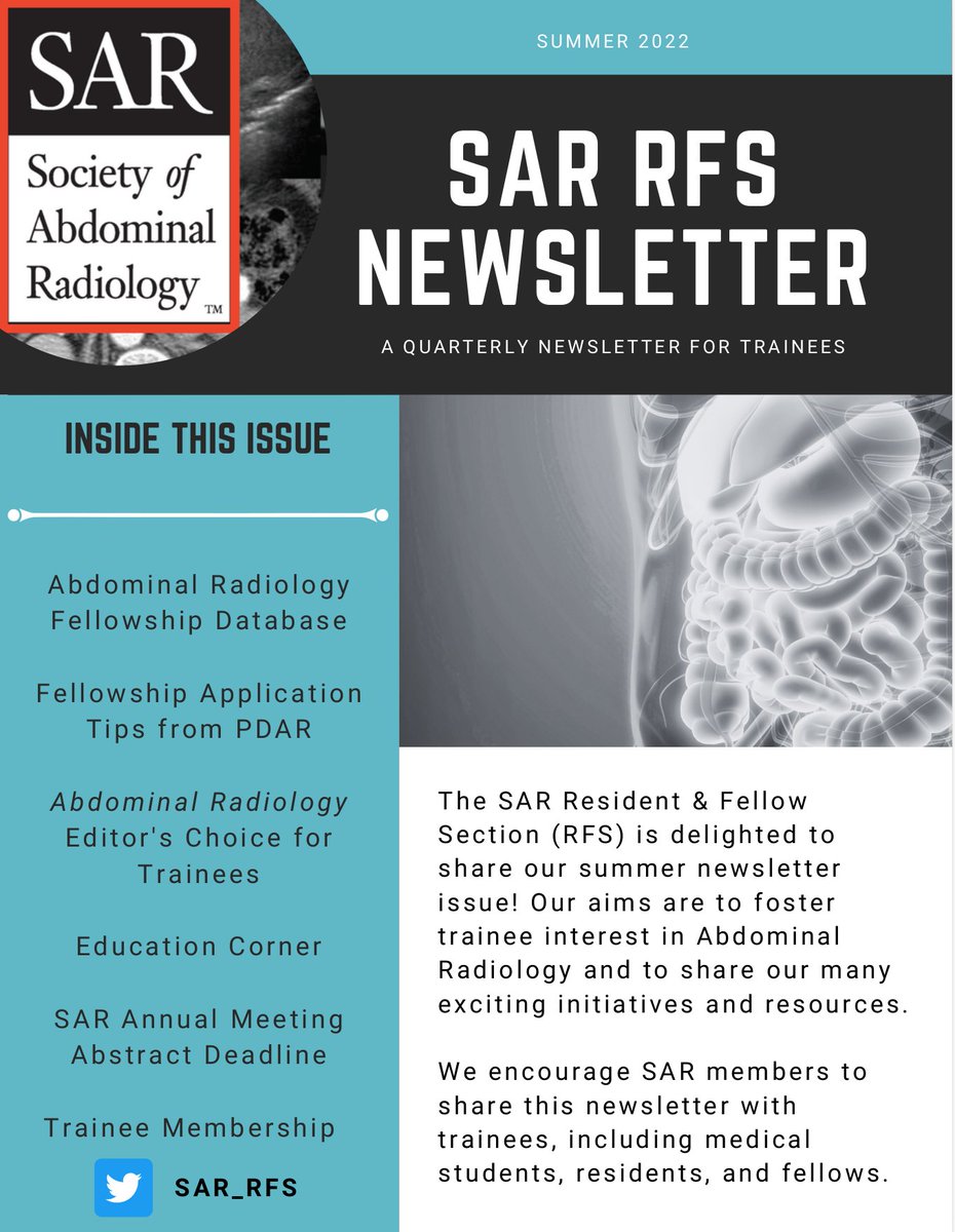 Attention radiology trainees! #FutureRadRes #RadRes #RadFellows We are delighted to share our summer @SAR_RFS newsletter issue featuring our fellowship program database, fellowship application tips from @benWTmd, and many more! Check it out 👇 bit.ly/SARRFSNewslett…