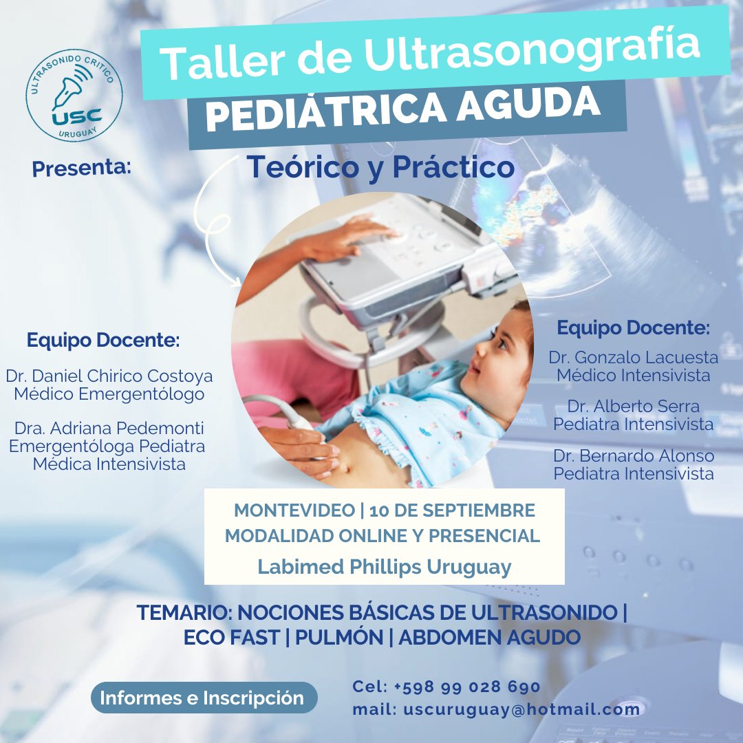 🔴ATENCIÓN MONTEVIDEO
🖥️Taller de Ultrasonografía Pediátrica Aguda
🗓️10 de Septiembre
🕒 9:00 hs
📍Labimed Philips Uruguay

Incluye bonificación del 50% Taller de Proced Ecoguiados de accesos venosos de Octubre 
Dejá tu mail para más info👇🏻

#pediatria #ultrasonografia #cursos