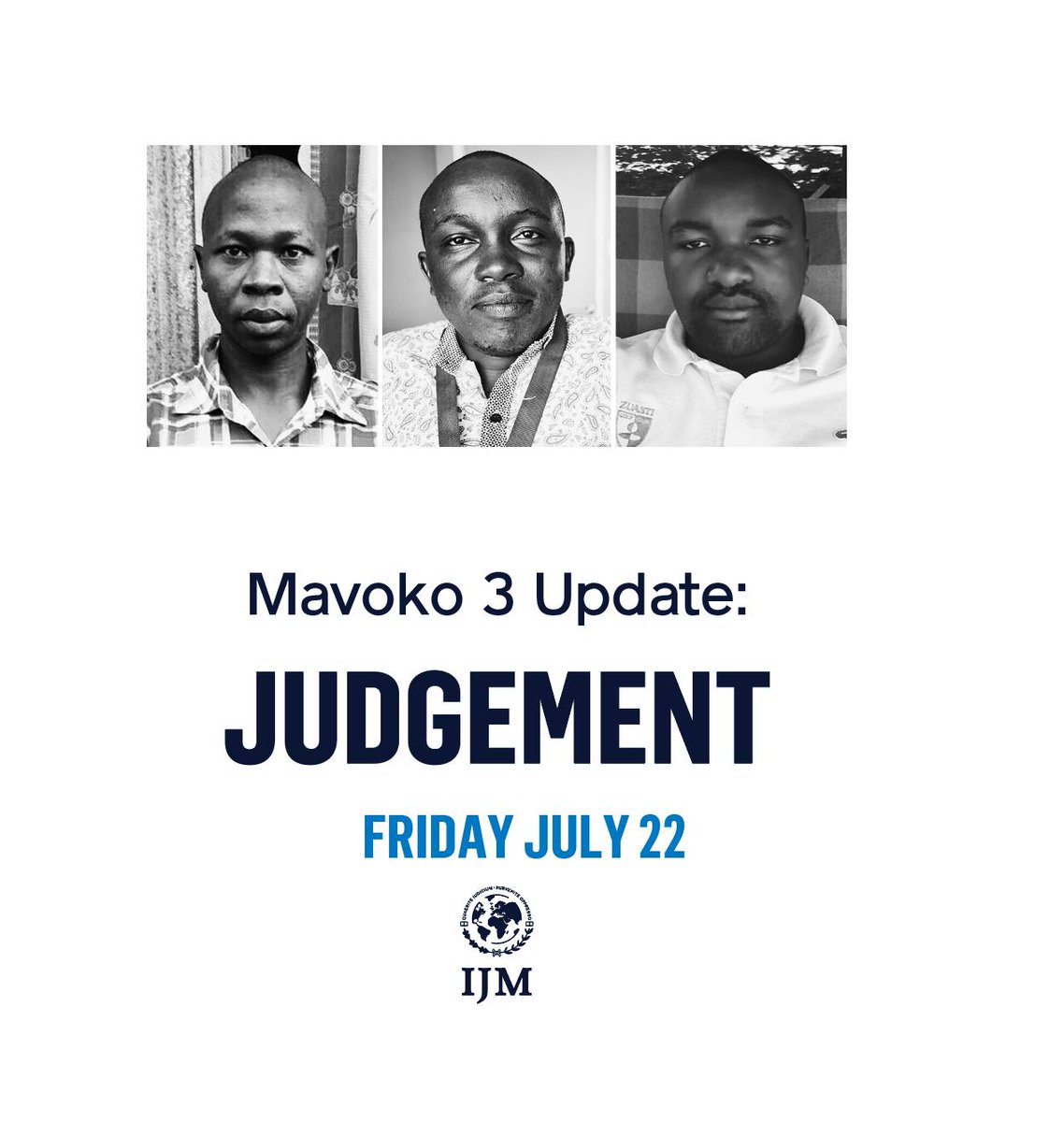 IJMKenya's tweet photo. The court will on Friday issue judgement in the case of Willie Kimani, Joseph and Josephat. The 3 were abducted while leaving Mavoko courts on June 23, 2016. Their bodies were found at River Athi a week later. Four police officers are facing murder charges. #JusticeNow https://t.co/VipjAb8bel
