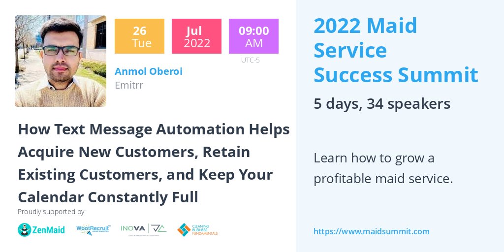 Do you want to know how you can keep up the cycle of acquiring new customers and retaining existing customers?
Hint: Use text message automation!
Join our Co-Founder Anmol Oberoi at the 2022 Maid Service Success Summit hosted by <a href="/ZenMaid/">ZenMaid Software</a>  to learn more. 
maidsummit.com/speakers/anmol…