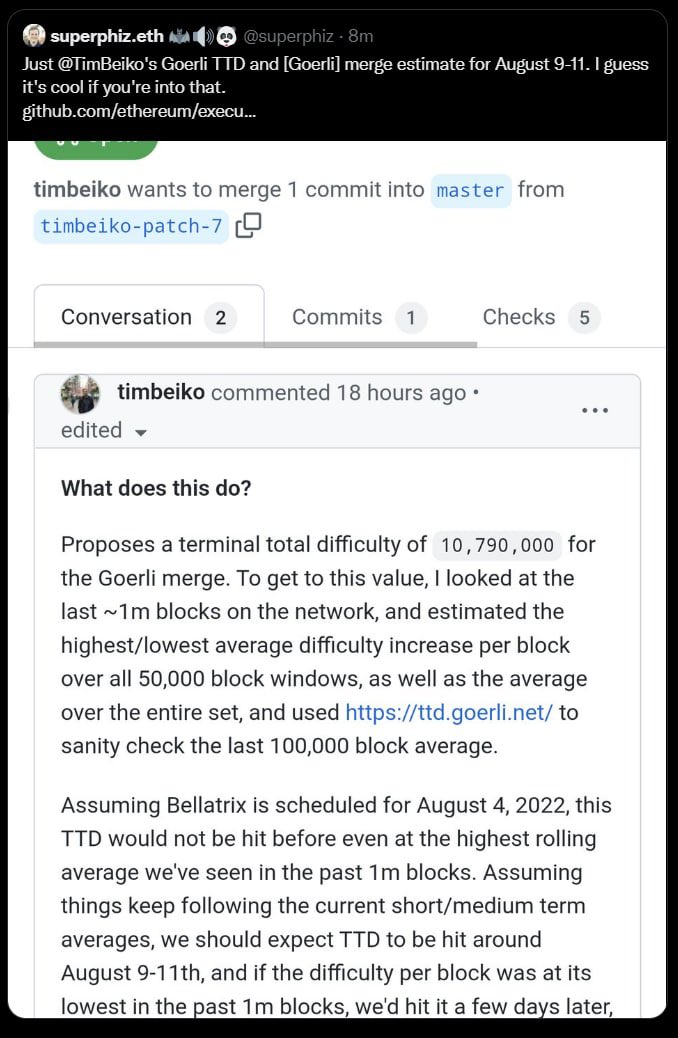 Ethereum developer Tim Beiko has marked the dates for the last ETH testnet Merge to be approximately August 9-11.

#eth #Ethereum #btc #Crypto #cryptocurrency #NFT