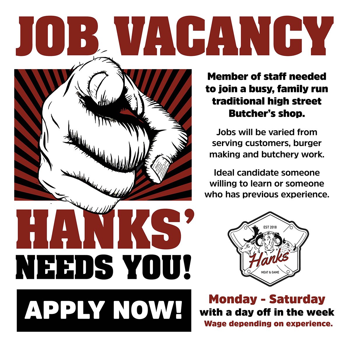 Hanks' Meat and Game (@hanks_meat_game) on Twitter photo We are hiring! Come and join our busy, family run traditional high street butcher’s shop #applynow email hanksmeat@hotmail.com or call the shop on 01989 562216 We are hiring! Come and join our busy, family run traditional high street butcher’s shop #applynow email hanksmeat@hotmail.com or call the shop on 01989 562216