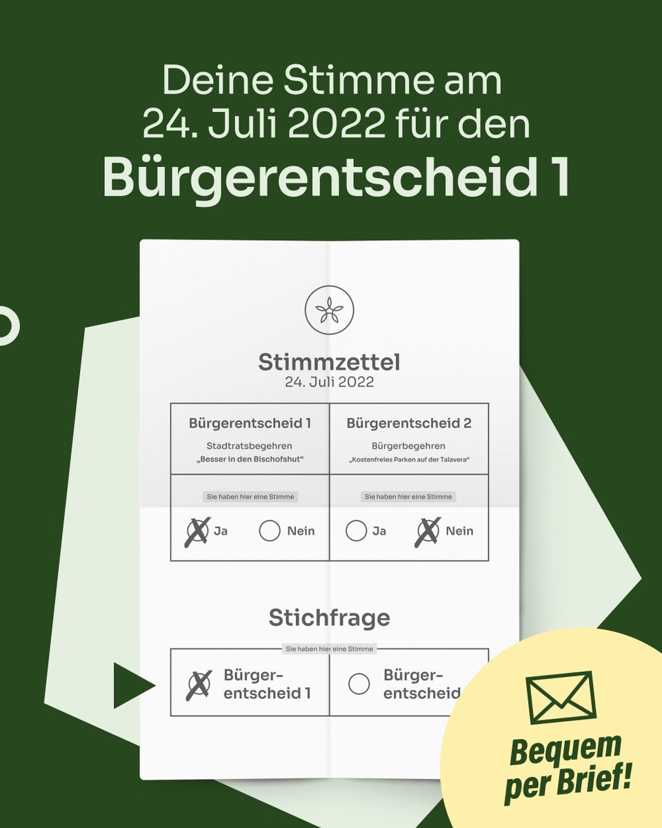 Diesen Sonntag, am 24.07. findet in #Würzburg der #Bürgerentscheid #Talavera statt. 
Stimmt für den Bürgerentscheid 1.
Mehr ÖPNV,bessere Luftqualität,kühleres Stadtklima, eine Chance auf Klimaneutralität bis 2040. 
Lasst uns in Wü wichtige Weichen für die Zukunft stellen!🌿🚎 👍