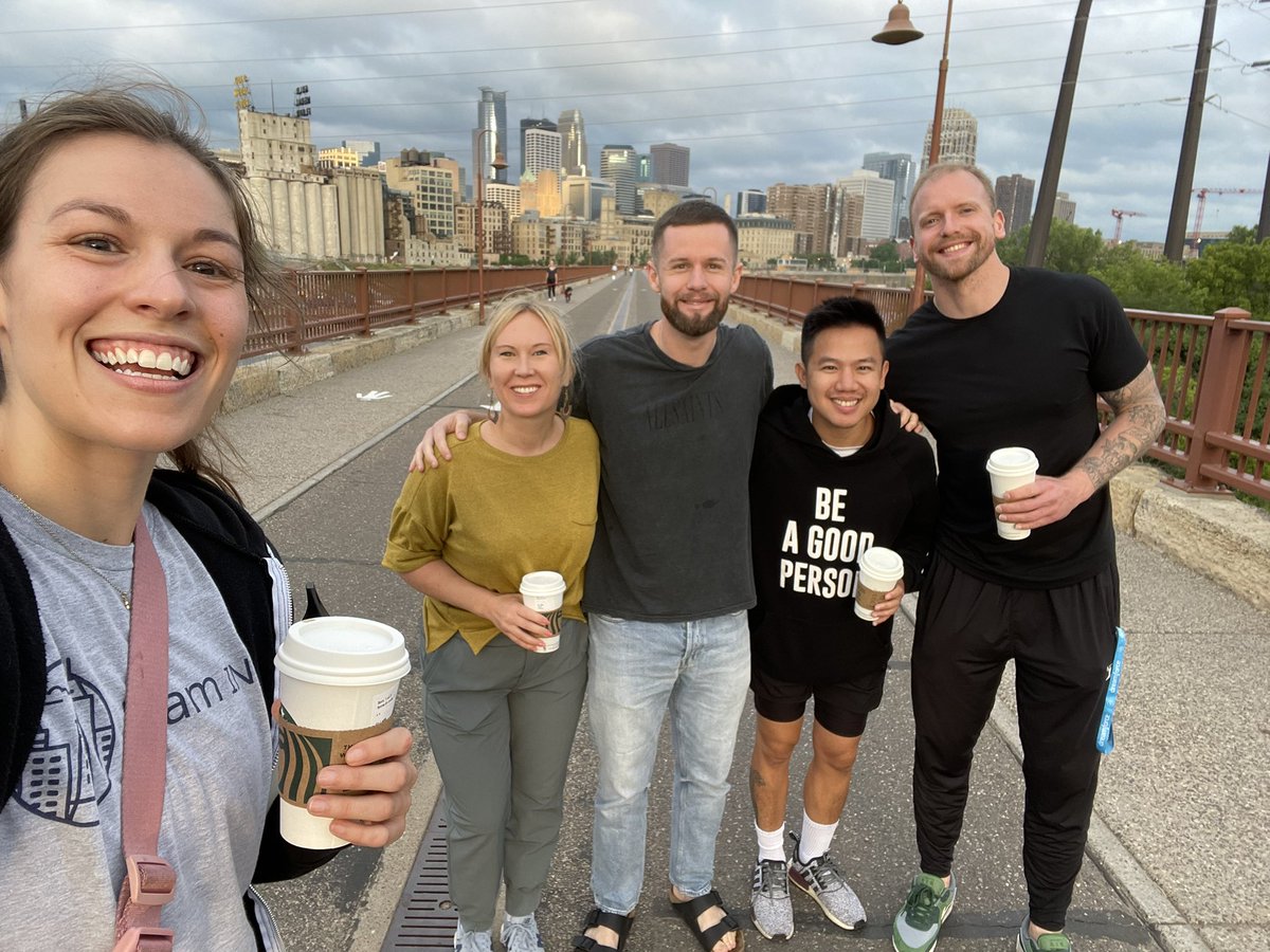 Found some fellow morning people ☀️(fueled by <a href="/Starbucks/">Starbucks</a>) to start off Day 1 of <a href="/MidWest_Dreamin/">Midwest Dreamin'</a> with a nice walk along the Stone Arch Bridge, featuring the Minneapolis Skyline #trailblazercommunity