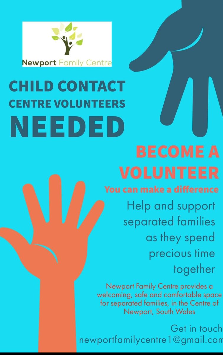 We are still looking for Volunteers to join our Team and help with our Saturday contact sessions (9am to 12.30), this could be once a fortnight or once a month, whatever you can commit to will be a great help. 

Please share! Many thanks! 
newportfamilycentre1@gmail.com