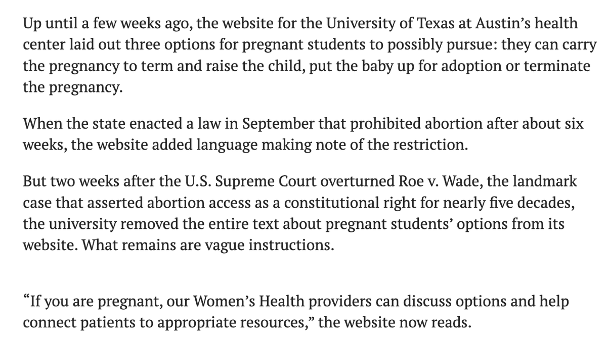 meganmmenchaca's tweet photo. .@UTAustin's health center used to have information on its website about options for pregnant students to pursue: keeping the pregnancy, adoption or abortion.

But after Roe v. Wade was overturned, @TexasTribune reports the text was removed and replaced with vague instructions. https://t.co/HtI65MbWRM