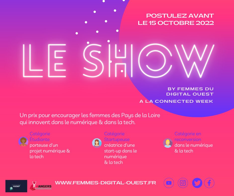 #Show22 #WeCanBeHer | Ouverture de la 5e édition de notre Show. 

Une mise en lumière des entrepreneures des #PDL 

📌 Cette année la remise des prix sera à la Connected Week !

Informations sur notre site &amp; candidatures jusqu'au 15 octobre 2022 👇

<a href="/FDOuest/">Femmes du Digital Ouest</a>