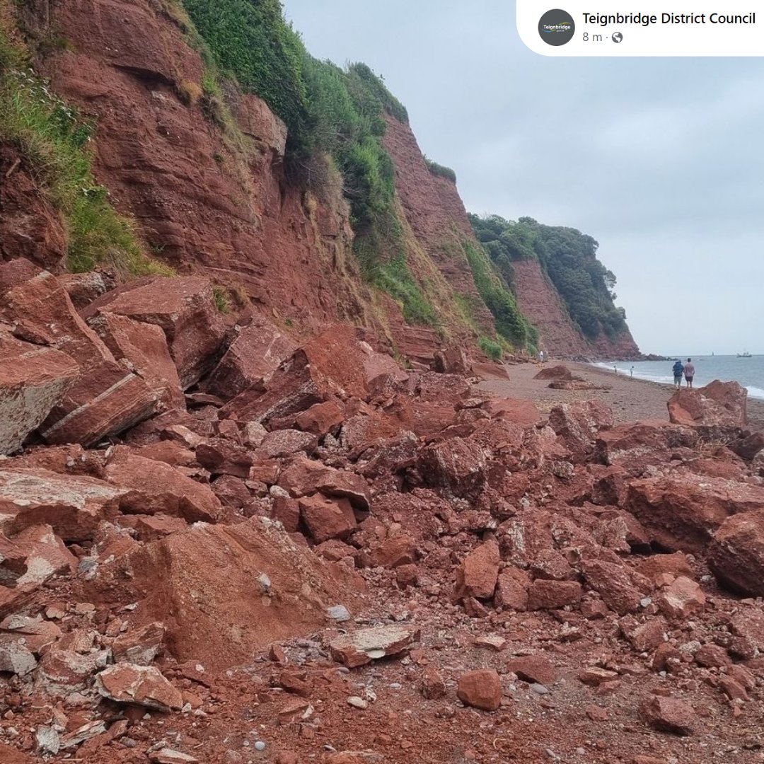 's tweet image. ⚠️ Rock Fall at Ness Beach, Shaldon. 

There has been a large rock fall at the southern end of Ness Beach, Shaldon. The beach remains open, but please read the signs in the tunnel entrance to the beach and do not sit directly under the cliffs. Via: Teignbridge District Council.