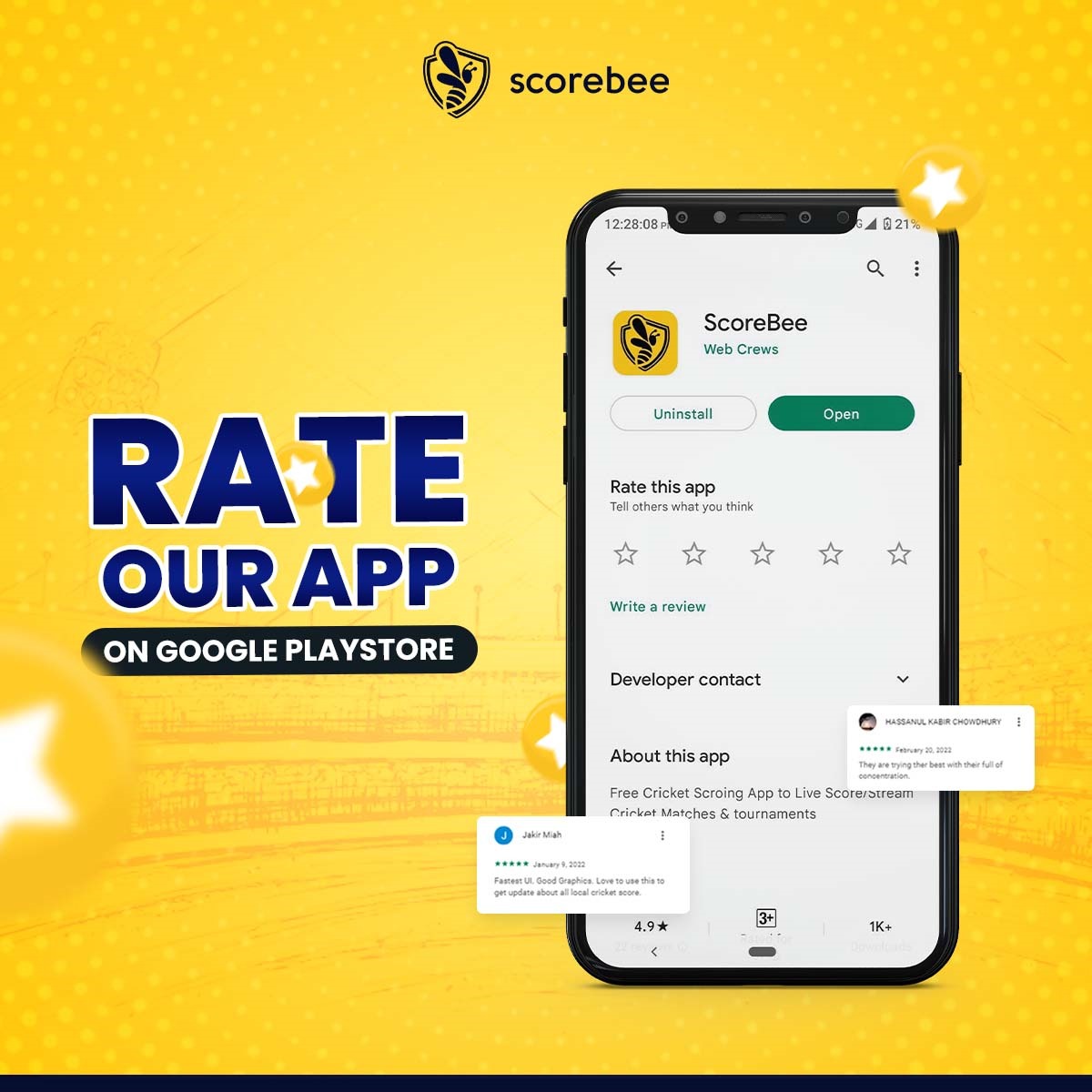 myscorebee's tweet image. Tell the world what you think about ScoreBee. Rate us on Google Playstore. 👌

Your support means a lot to us. 💛

#ScoreBee #RateUs #Cricket #App #Google #GooglePlaystore