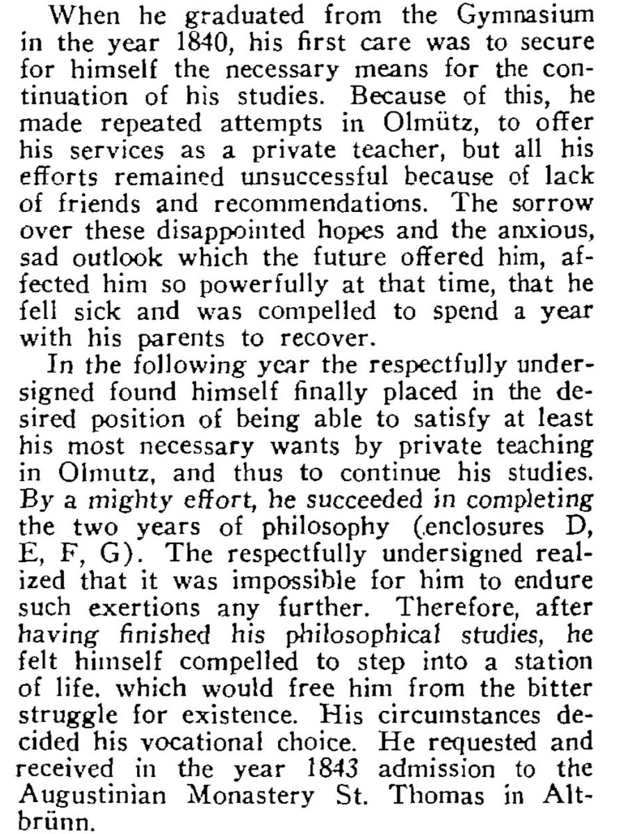 Mendel wrote a personal statement when he was 28 and applying to complete his degree. Writing in the third person, he described his failures and dashed hopes in academia. Becoming a monk was the escape that gave him the freedom to do research. #Mendel200 doi.org/10.1093/oxford…