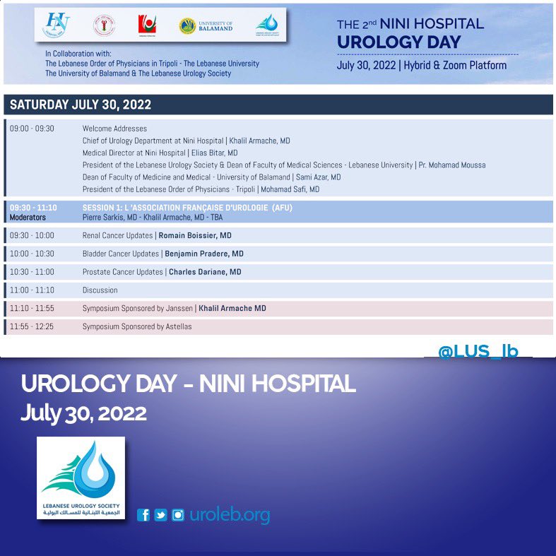 LUS_lb's tweet photo. #uroleb #LUS #LUS_LB #urology @NiniHospital 

Dear Colleagues and Friends,

On behalf of Al Nini Hospital, it is our pleasure to invite you for the second consecutive year to the 2nd Nini Hospital Urology Day held on July 30, 2022, at the Hospital and Live Webinar Sessions https://t.co/QqA2M5xo4f