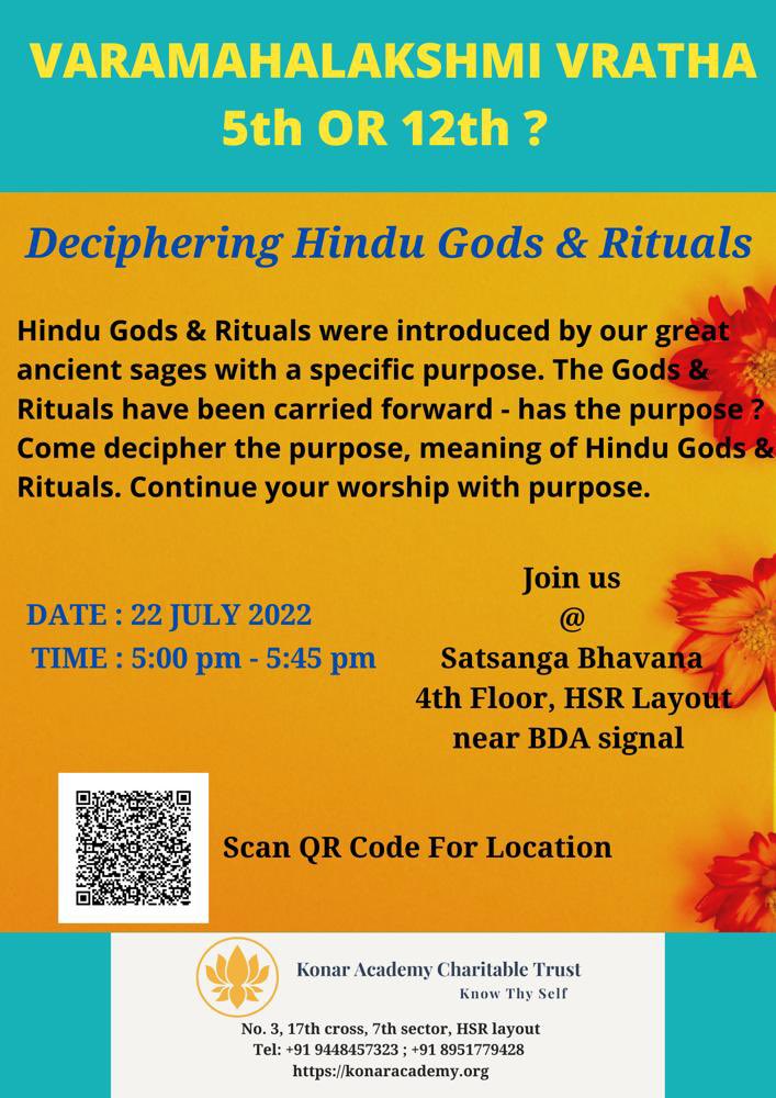 KonarAcademy's tweet image. Hindu Gods &amp;amp; Rituals were introduced by our great ancient sages with a specific purpose. The Gods &amp;amp; Rituals have been carried forward - has the purpose? 
Come decipher the purpose, meaning of Hindi Gods &amp;amp; Rituals. Continue your worship with purpose. 
Friday 22nd July! #KACT