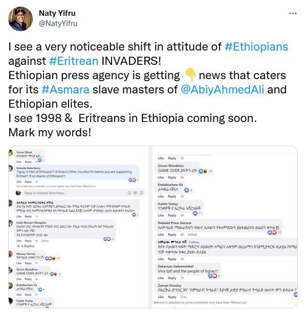 landofthesea's tweet photo. Screenshots because @NatyYifru blocked me as expected. His bio says "defeat fascists" but he is one of them. A vile, demented character. https://t.co/CSo79JfPtl