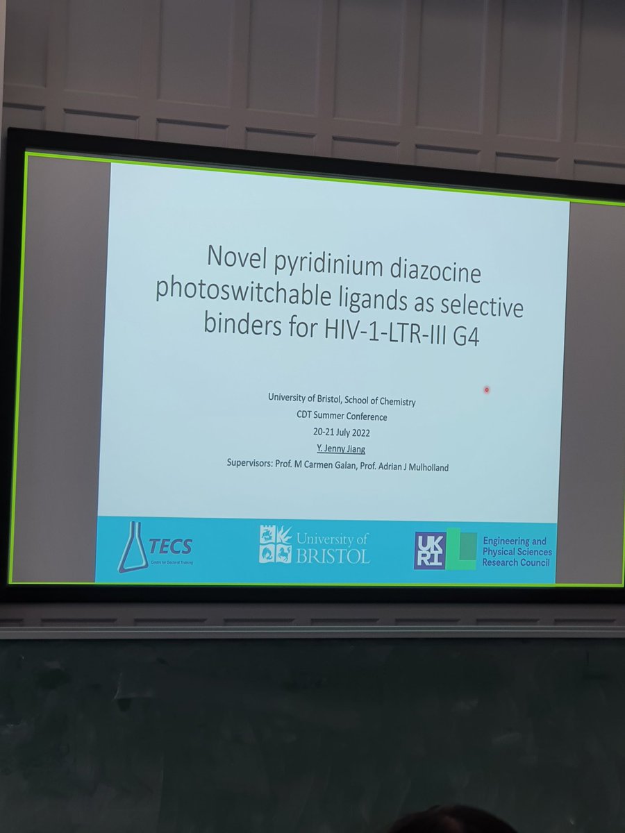 BCS_CDT's tweet photo. The final student presentation of the day is being delivered by @YJenny_Jiang from the @MCGalan_Bristol group on pyridinium diazocine photoswitchable ligands as binders for HIV-1-LTR-III G4. Well done on great talks today everyone! They've been fascinating. #CDTSummerConference https://t.co/2czrgG21aG