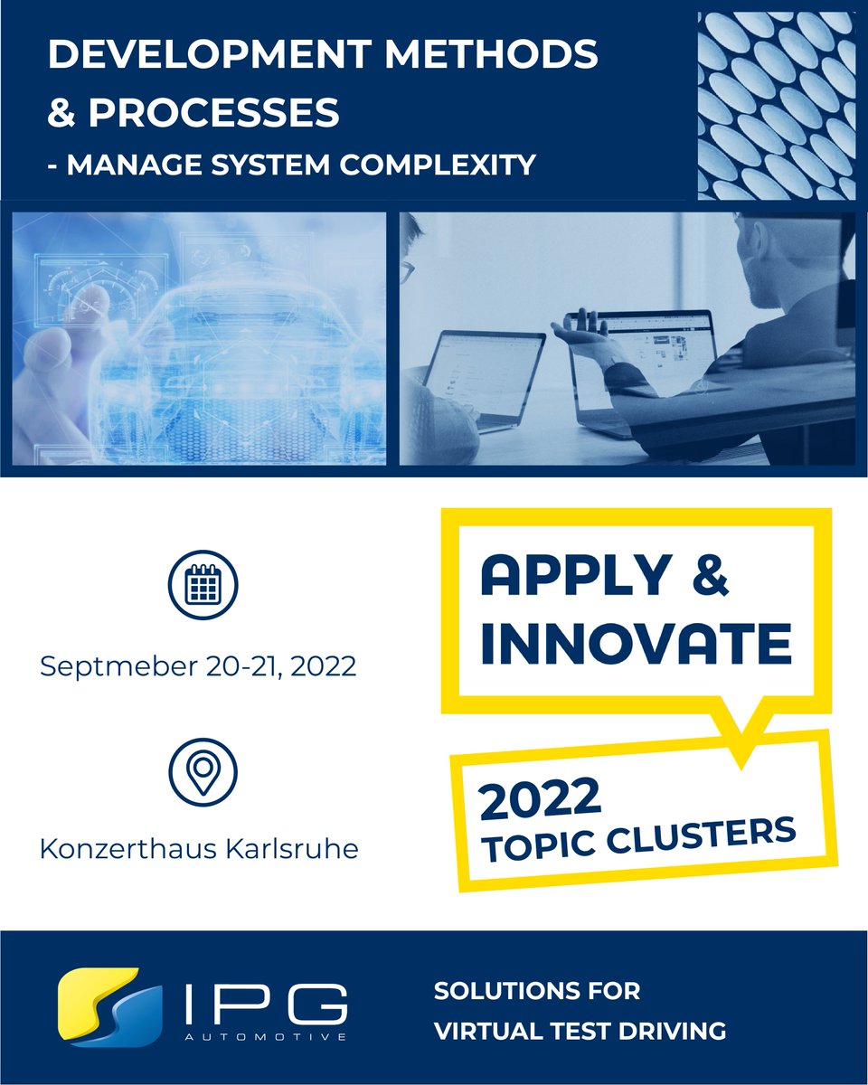 IPG_Automotive's tweet photo. 9 weeks left until Apply &amp; Innovate 2022!
Learn more about topics such as “Development methods and test processes – Manage system complexity”and register now: 
https://t.co/8897Uuc98D

#ApplyandInnovate #events #live #conference #virtualdevelopment #virtualtestdriving #CarMaker https://t.co/eQk2OjiSgB