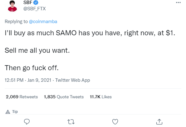CryptoLiterally's tweet photo. @samoyedcoin @SBF_FTX Totally a real tweet 
#insamwetrust https://t.co/ehyrvwiVSE