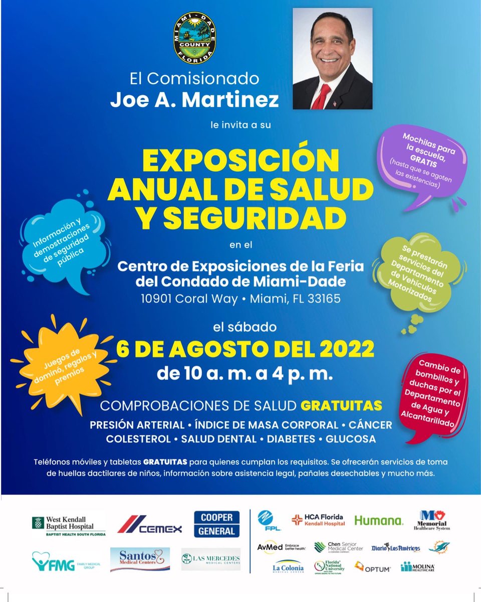 After a two-year hiatus due to the COVID-19 pandemic, we are pleased to announce the return of the 2022 Health and Safety Expo. All Miami-Dade County residents are invited to attend the event on Saturday, August 6, from 10AM to 4PM, at the Miami-Dade County Fair Expo Center!