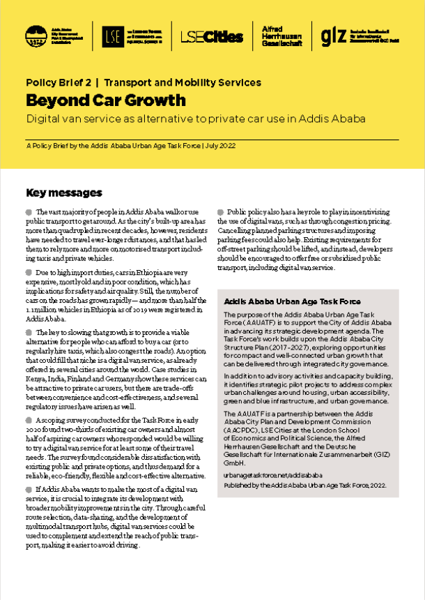 LSECities's tweet photo. Addis Ababa Beyond Car Growth: Transport and mobility services supported by Digital van service as alternative to private car use
One of the strategic pilots proposed by the Addis Ababa #UrbanAgeTaskForce
🟡 New #PolicyBrief: https://t.co/nOzt7SA8Jy https://t.co/wwqqvjVoFu