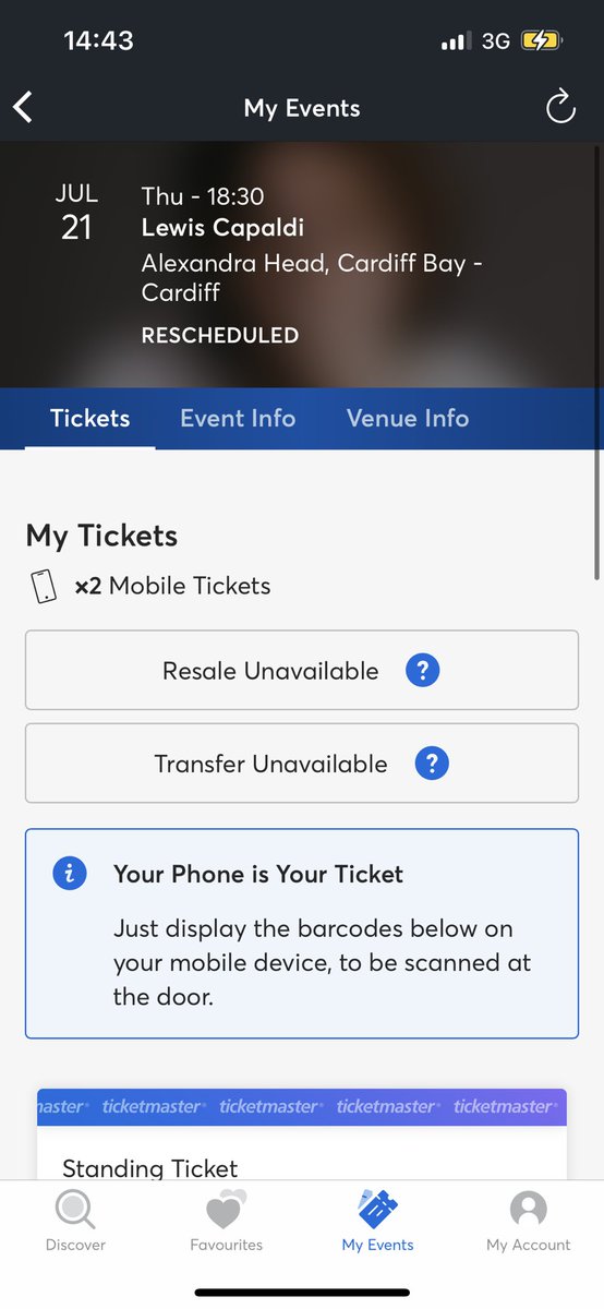 So this comes up on my app for the <a href="/lewiscapaldi/">Lewis Capaldi</a> concert *tomorrow* in cardiff castle 21st july but I still haven’t received any barcodes/tickets? Can anyone update me on this please? thanks!👍🏻🥲 <a href="/TicketmasterCS/">Ticketmaster CS</a>