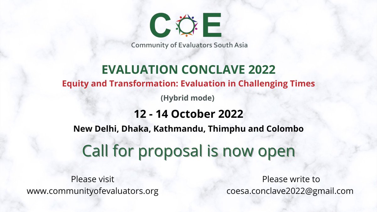 CoE_SouthAsia's tweet photo. The Evaluation Conclave is back with a hybrid mode. Please visit https://t.co/BdUyEHRRPe for more info. You are also requested to submit a proposal. @EES_Eval  @AEAamp @Eval_MENA  @AESociety  @ReLAC_eval  @IOCE_eval @tweet_afrea @GEI_GlobalEval @IDEASEval @CaribEvaluators https://t.co/0PlfjLks6p